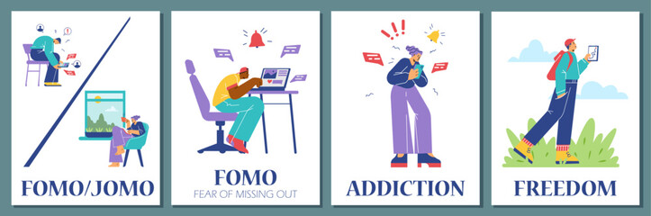 FOMO or Fear and JOMO Joy of Missing Out banners, flat vector illustration.
