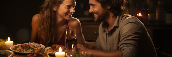 Happy pair delighting in a cozy romantic dinner at home, clinking wine glasses - obrazy, fototapety, plakaty
