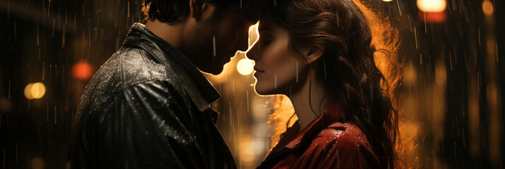 Couple Sharing a Passionate Kiss in the Rain, Embodying True Romantic Love - obrazy, fototapety, plakaty