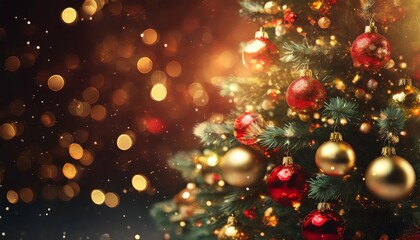 Obraz na płótnie Canvas Czerwono-złote bożonarodzeniowe tło z choinką i bombkami