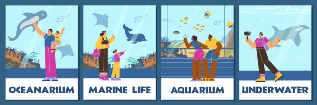 People watching underwater scenery with marine flora and fauna in giant oceanarium, aquarium excursion vector poster set