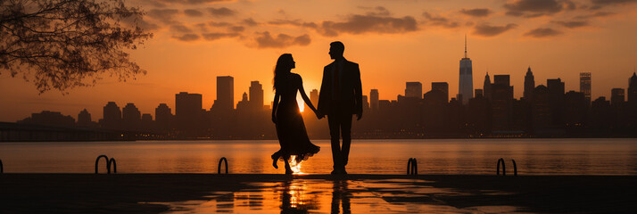 Silhouetted Couple Strolling in New York During Sunset with a Valentines Mood