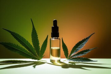 Glass bottle with CBD oil, THC tincture and hemp leaves.