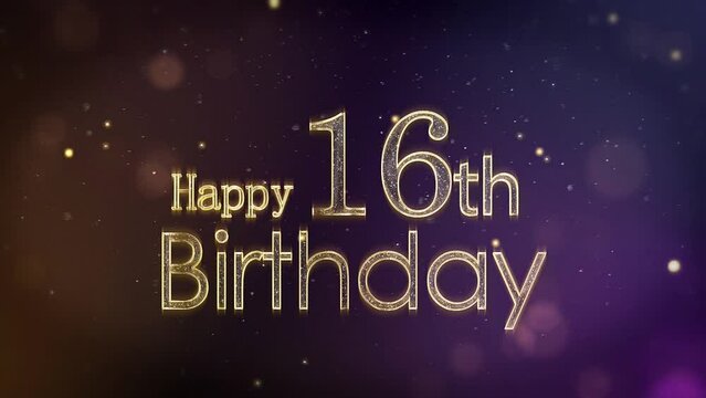 Happy 16th birthday greeting with stars and golden particles, birthday