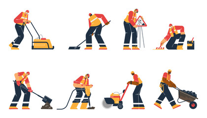 Workers repair the asphalt road surface using machine and hand tools, road works cartoon vector illustration set