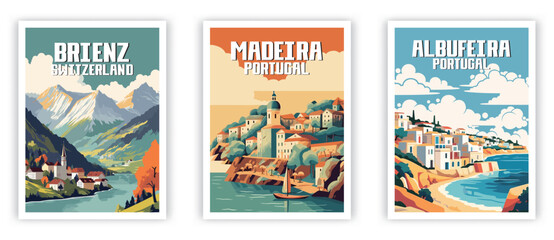 Brienz, Madeira, Albufeira Illustration Art. Travel Poster Wall Art. Minimalist Vector art. - obrazy, fototapety, plakaty