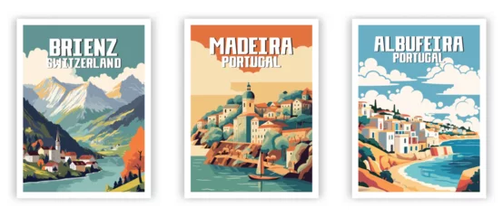 Fotobehang Brienz, Madeira, Albufeira Illustration Art. Travel Poster Wall Art. Minimalist Vector art. © Duy