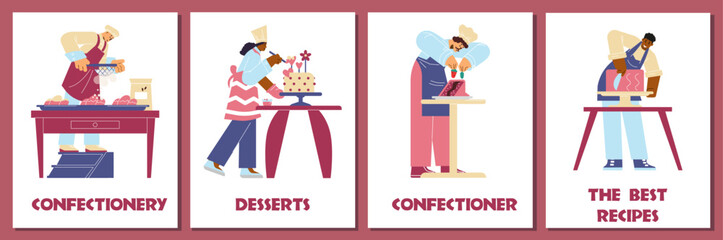 Confectioners design cards, flat cartoon vector illustration on white