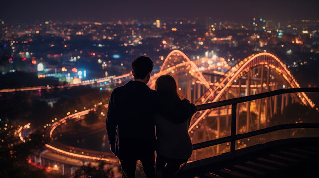 Nighttime Roller Coaster Ride: A Couple Sharing A Kiss At The Top Of A Hill, With The City Lights Below