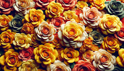 Multicolored Flower Background. Floral Wallpaper with Yellow, Orange and Red Roses. 3D Render 