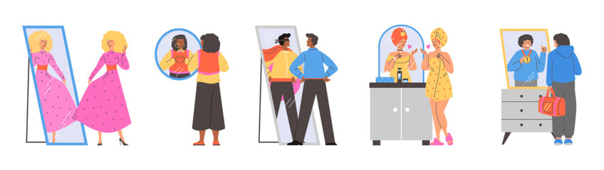 People happy with reflection in the mirror, flat vector illustration isolated .