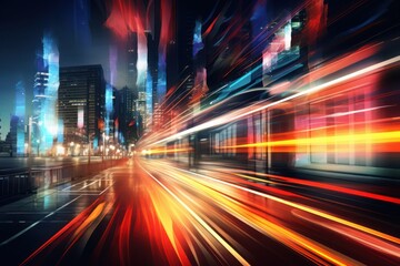 Fototapeta na wymiar Bright Lights, Fast Bus: A High-Speed Journey through the City at night