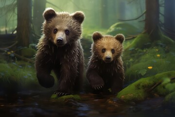 Brown bear cubs in the forest