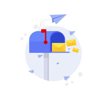 A mailbox with an envelope and a paper airplane. web post icon.miles. Vector illustration
