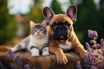 Cat and dog together outdoors. Fluffy friends. funny French buldog puppy
