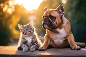 Cat and dog together outdoors. Fluffy friends. funny French buldog puppy - obrazy, fototapety, plakaty