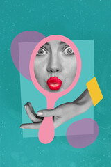 Creative drawing collage picture of funny pretty female model fashionista plump lips look mirror...