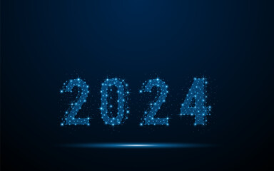 Happy New Year 2024. Digital low poly wireframe style design with connection points. vector illustration