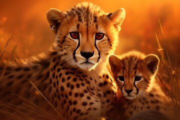 Cheetah cubs with mother. wildlife animal background
