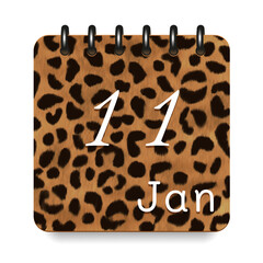 11 day of the month. January. Leopard print calendar daily icon. White letters. Date day week Sunday, Monday, Tuesday, Wednesday, Thursday, Friday, Saturday.  White background. Vector illustration.