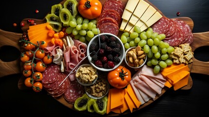 Charcuterie Board still life with fruits and berries and vegetables