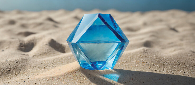 A crystal tetrahedron on sandy terrain under a clear sky.