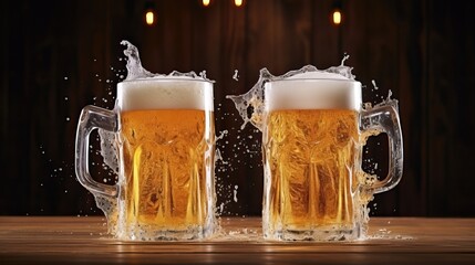 Beer glass on wooden background. Mug of gold beer