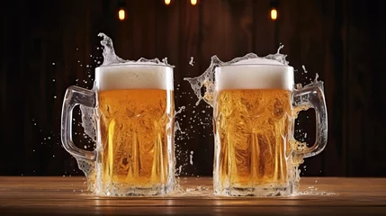 Fotobehang Beer glass on wooden background. Mug of gold beer © Ibad