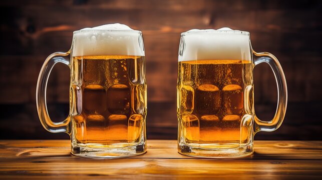 Two Glasses of Beer on a bar table. Beer Tap on background