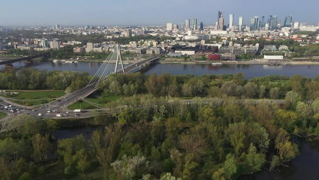 Drone video of Siekierkowski Bridge in Warsaw capital city