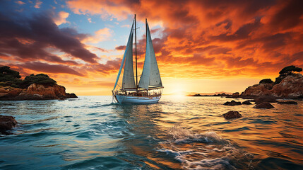 Sailing boat in the sea with icebergs and sunrise