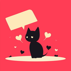 Cute hand drawn black cat with heart on red background and text bubble. Copy space template. Valentine's Day concept greeting card. Simple shapes vector illustration. Minimalistic flat style art.