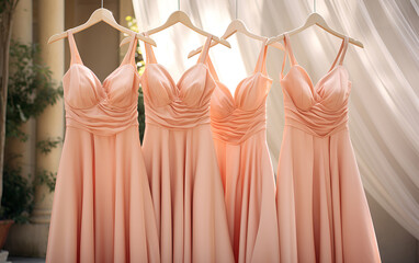 Elegant bridesmaid dresses in pastel peach, hanging gracefully. - obrazy, fototapety, plakaty