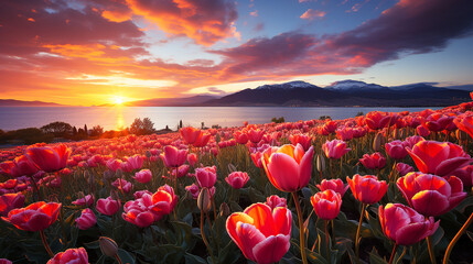 Field of blooming tulips with sunset
