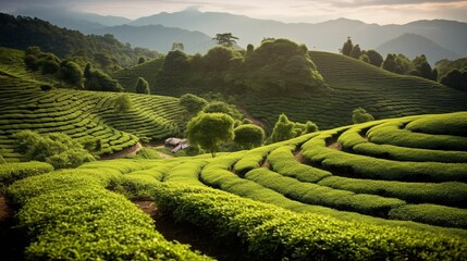 A lush green tea field with a small house in the middle of it. The field is surrounded by mountains and a forest.  - Powered by Adobe