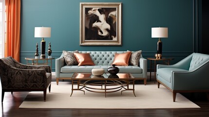  A classic living room with an antique sofa, armchair and coffee table in a dark teal blue color  with orange pillows and artwork of horses on the wall