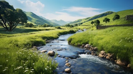 Fototapeta na wymiar A realistic photo of an idyllic landscape with rolling hills, lush green grass and a flowing river in the foreground