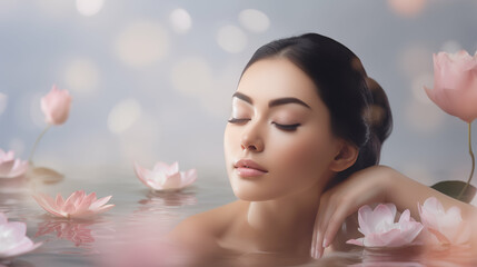 Relaxed woman with closed eyes in a bath with flowers. Perfume, fragrance, aroma, skin care. Generative AI. - obrazy, fototapety, plakaty
