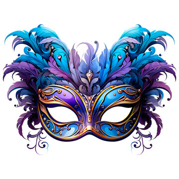 Mardi gras mask with feathers isolated on white background