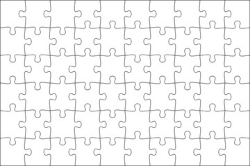 Puzzles grid template 10x6. Jigsaw puzzle pieces, thinking game and jigsaws detail frame design. Business assemble metaphor or puzzles game challenge vector. - obrazy, fototapety, plakaty