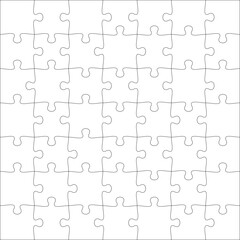 Puzzles grid template 7x7. Jigsaw puzzle pieces, thinking game and jigsaws detail frame design. Business assemble metaphor or puzzles game challenge vector.