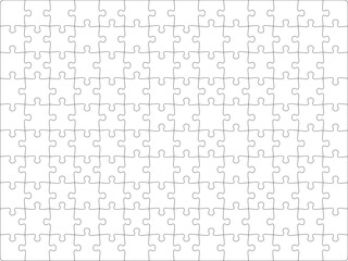 Puzzles grid template 14x10. Jigsaw puzzle pieces, thinking game and jigsaws detail frame design. Business assemble metaphor or puzzles game challenge vector.