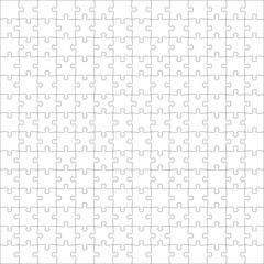 Puzzles grid template 14x14. Jigsaw puzzle pieces, thinking game and jigsaws detail frame design. Business assemble metaphor or puzzles game challenge vector.