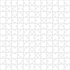 Puzzles grid template 12x12. Jigsaw puzzle pieces, thinking game and jigsaws detail frame design. Business assemble metaphor or puzzles game challenge vector.