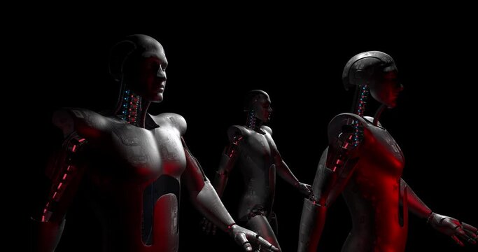 Three AI Military Robots Moving Forward Slowly. Luma Channel Is Included. Technology Related 3D Animation.