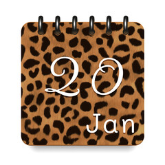 20 day of the month. January. Leopard print calendar daily icon. White letters. Date day week Sunday, Monday, Tuesday, Wednesday, Thursday, Friday, Saturday.  White background. Vector illustration.