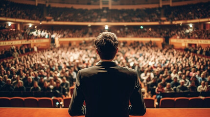 Motivational speaker standing on stage with spotlight