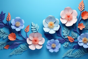 Colorful paper cut flowers on a blue background. 3D digital illustration