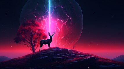 Deer Neon light animal hill next tree AI Generated pictures