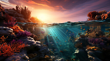 Beautiful coral reef under the sea between with sunrise - obrazy, fototapety, plakaty